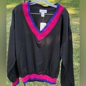 Vintage 80’s- Black V-Neck Sweatshirt with Pink and Blue Trim - with tags